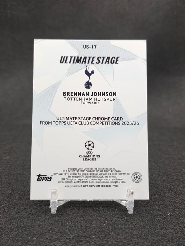 2025-26 Topps UCC #US-17 Brennan Johnson Ultimate Stage Chrome Tottenham Hotspur gallery