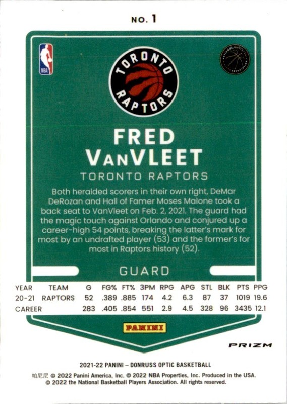 2021-22 Donruss Optic Blue Fred VanVleet Toronto Raptors #1 Parallel gallery