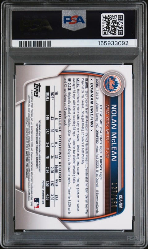 2023 Bowman Chrome Nolan McLean HTA Choice Refractor Auto 1st #127/150 PSA 8 gallery