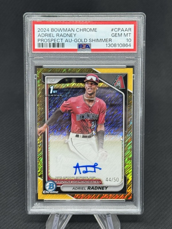 Adriel Radney 2024 Bowman Chrome Gold Shimmer Refractor 1st Auto #44/50 PSA 10