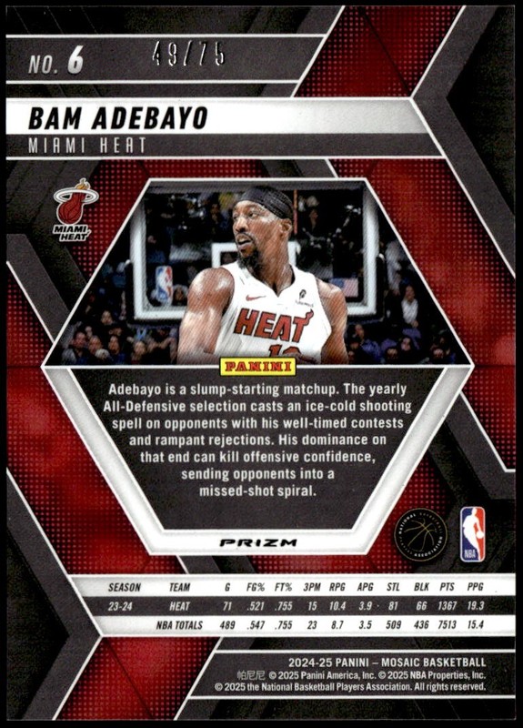 2024-25 Panini Mosaic #6 Bam Adebayo Choice Fusion Red & Yellow Mosaic #/75 gallery