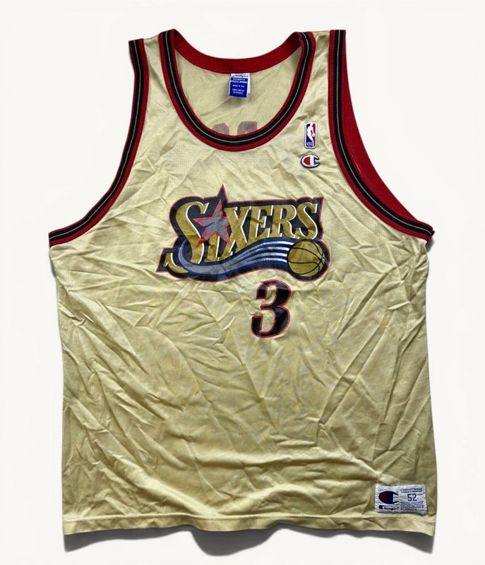 Vintage Men’s Champion Gold Philadelphia 76ers Allen Iverson Jersey 90s #3 Sz 52