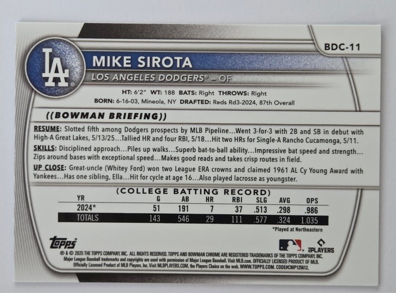 Mike Sirota 2025 Bowman Draft Sapphire #BDC-11 Dodgers gallery