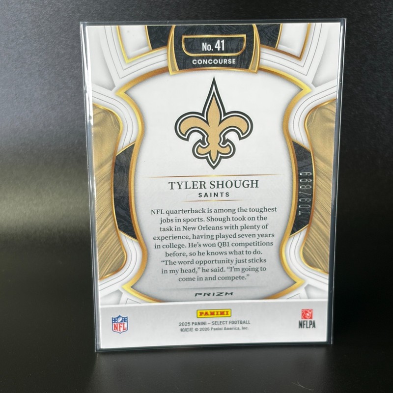 2025 Panini Select Tyler Shough Saints Copper Prizm Shock Rookie 709/899 gallery