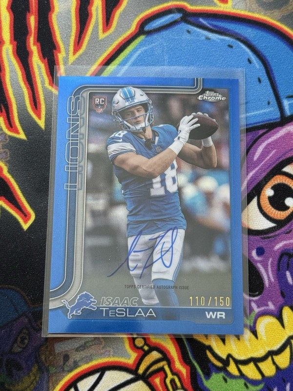 🔥Isaac Teslaa 2025 Topps Chrome NFL RC True Blue Refractor Auto /150 Lions