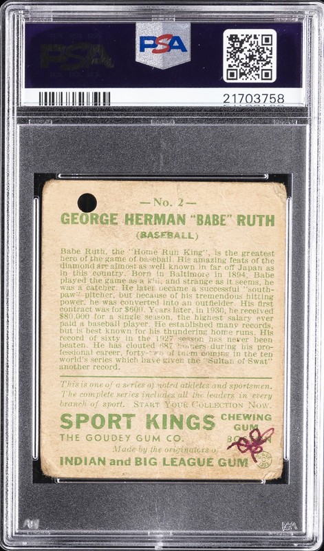 1933 SPORT KINGS BASEBALL #2 BABE RUTH PSA 1 MK gallery