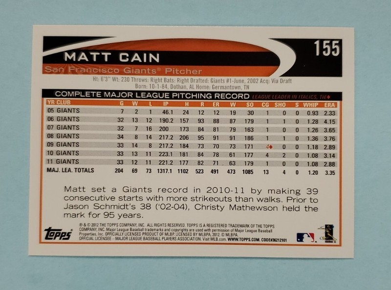 2012 Topps Matt Cain Gold Rush Stamped Promo #155 Card gallery