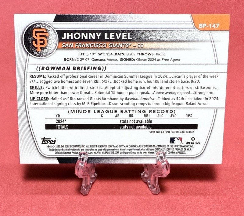 2025 1st Bowman Jhonny Level Prospect #BP-147 Green Pattern /99 Paper Giants gallery