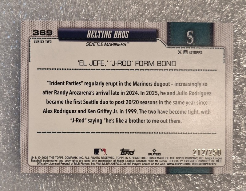 2026 Topps Series Two Belting Bros J-Rod, Arozarena Purple Rainbow Foil 212/250 gallery