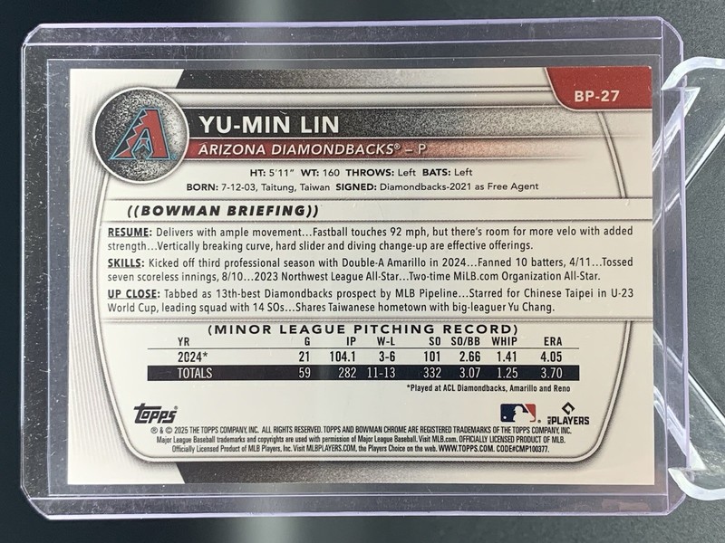 Yu-Min Lin 2025 Bowman 68/99 Prospects Green Pattern 1st #BP-27 Diamondbacks gallery