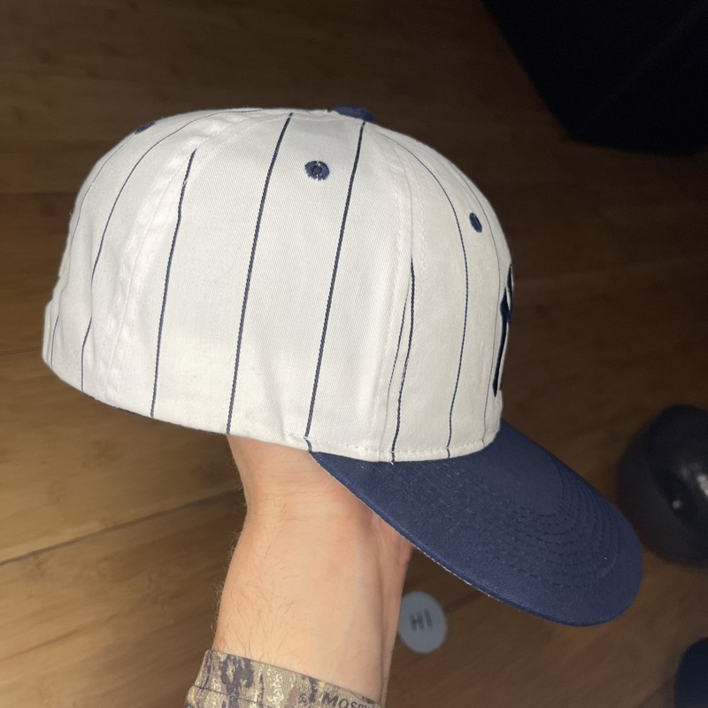 Vintage American Needle New York Yankees Pinstripe White Navy 90s Snapback Hat gallery