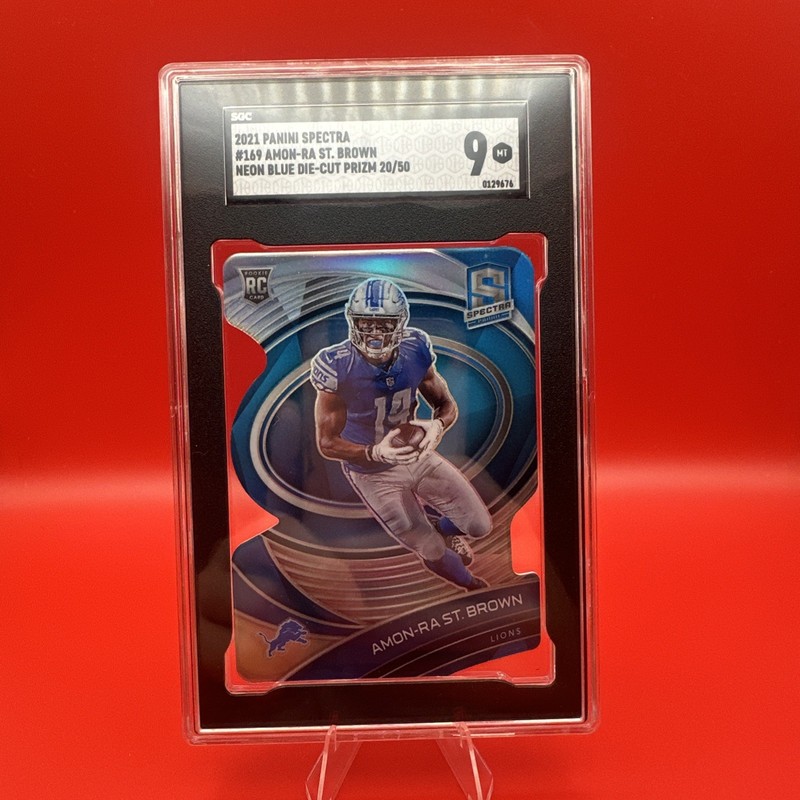 2021 Panini Spectra #169 Neon Blue Die-Cut Amon Ra St Brown Rookie 20/50 SGC 9