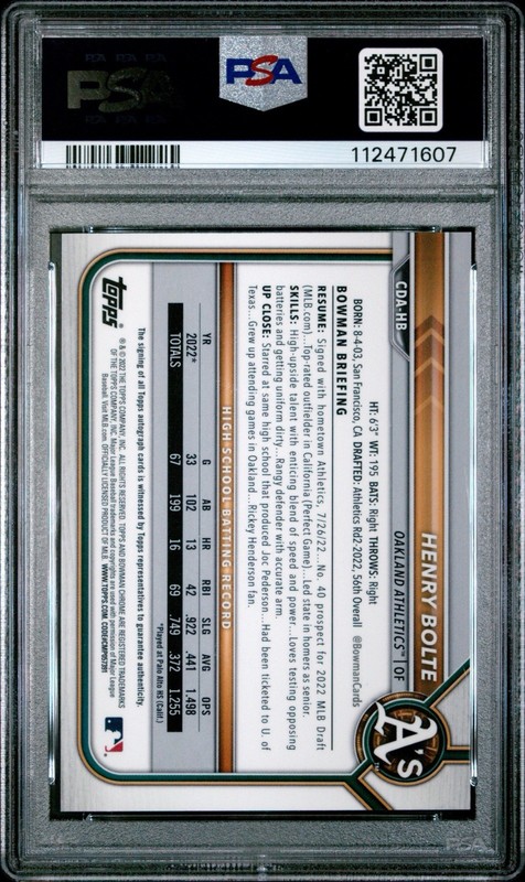 2022 Bowman Draft Henry Bolte True Blue Refractor Auto /150 Athletics PSA 10 gallery