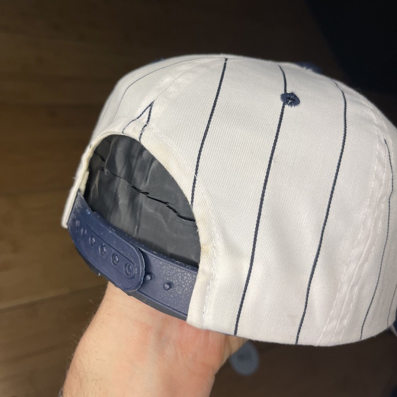 Vintage American Needle New York Yankees Pinstripe White Navy 90s Snapback Hat gallery