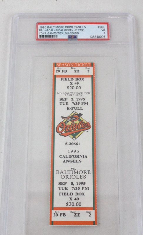 Cal Ripken Jr. Ties Lou Gehrig PSA 3 Graded Ticket Stub 9/5/1995 Orioles Vintage