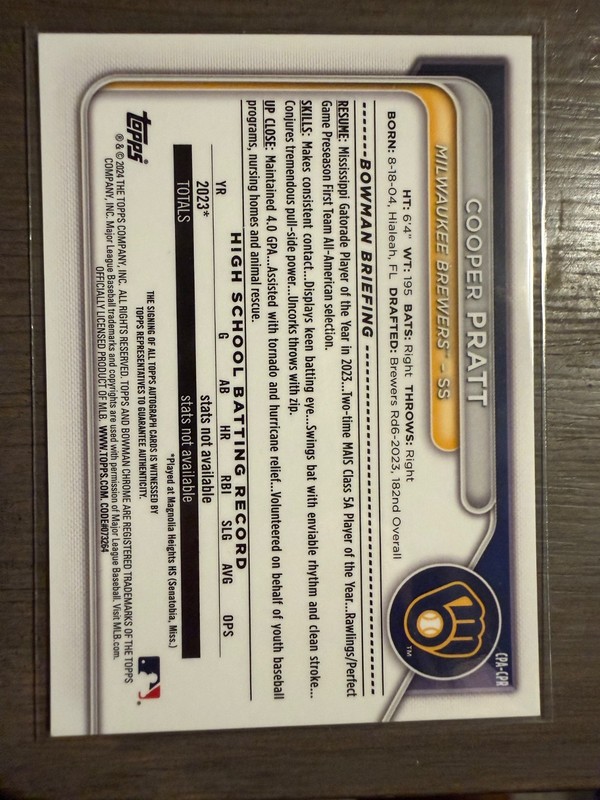 2024 Cooper Pratt 1st Bowman Chrome Prospects Auto Brewers #CPA-CPR gallery
