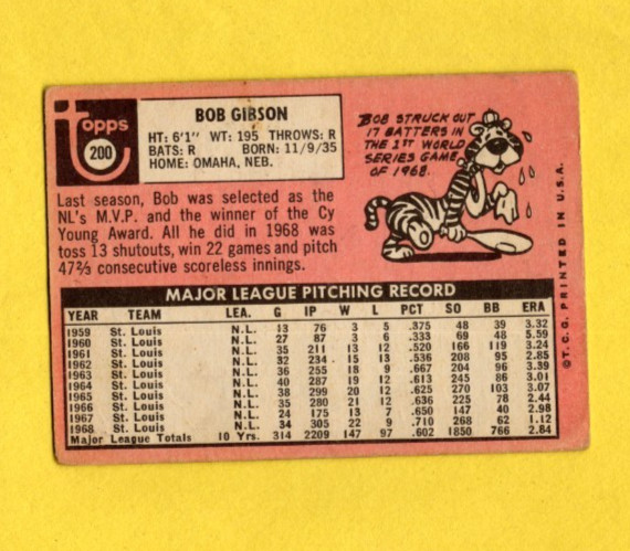 1969 Topps Bob Gibson #200 St. Louis Cardinals G/VG FREE SHIPPING gallery