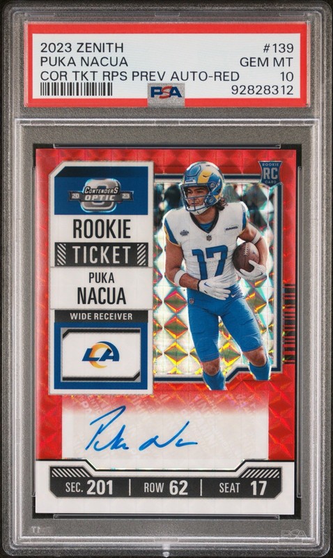 2023 PANINI ZENITH CONTENDERS OPTIC RC TKT RPS PREV AUTO PUKA NACUA 5/23 PSA 10