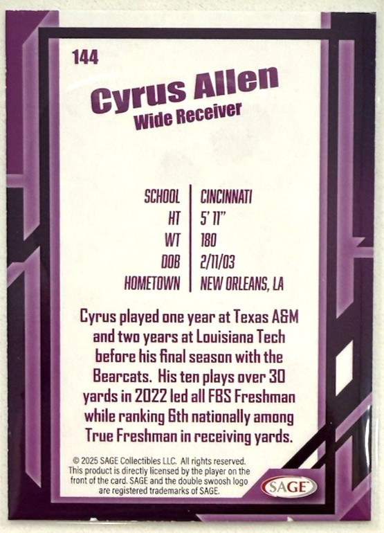 2026 SAGE Football Cyrus Allen #144 Kansas City Chiefs gallery
