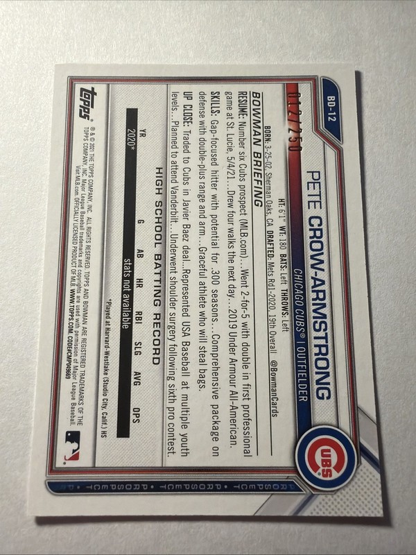 Pete Crow-Armstrong Cubs 2021 Bowman Draft #BD-12 Purple #/250 Rookie RC gallery