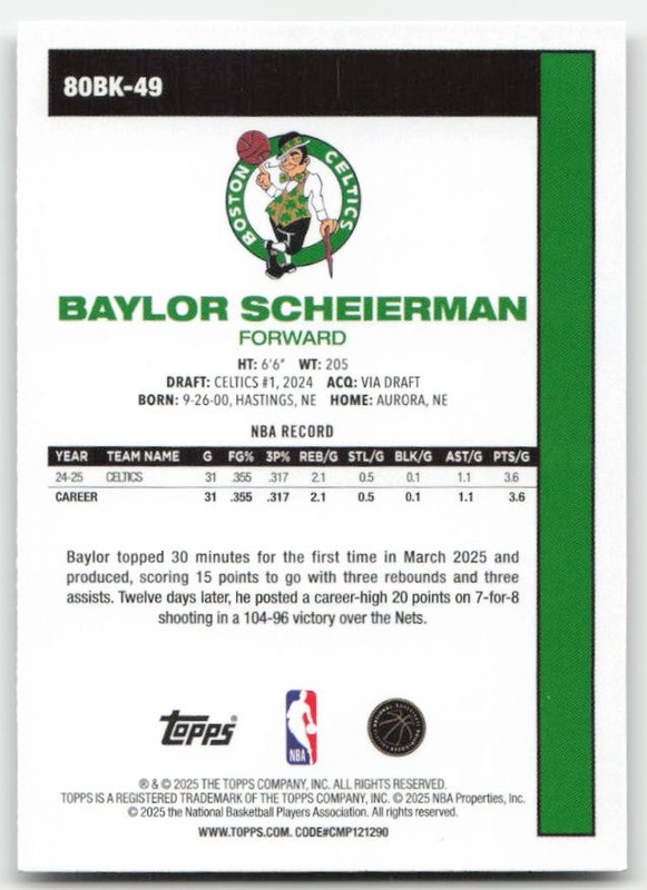 2025-26 Topps #80BK-49 Baylor Scheierman 1980-81 Topps Basketball gallery