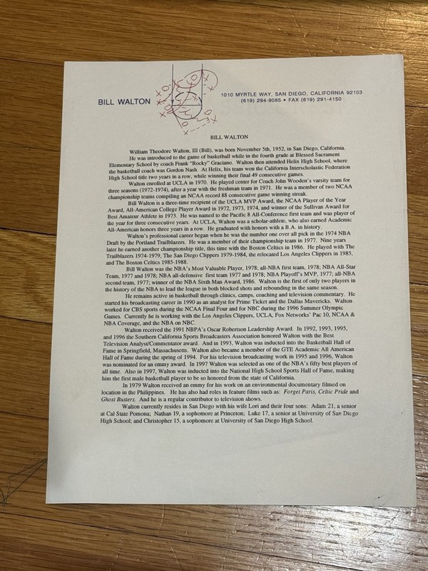 Bill Walton Bio On Bill Walton Stationary From His Personal Collection.