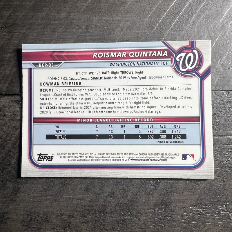 Roismar Quintana Signed IP Auto 2022 1st Bowman Chrome #BCP-83 Nationals gallery
