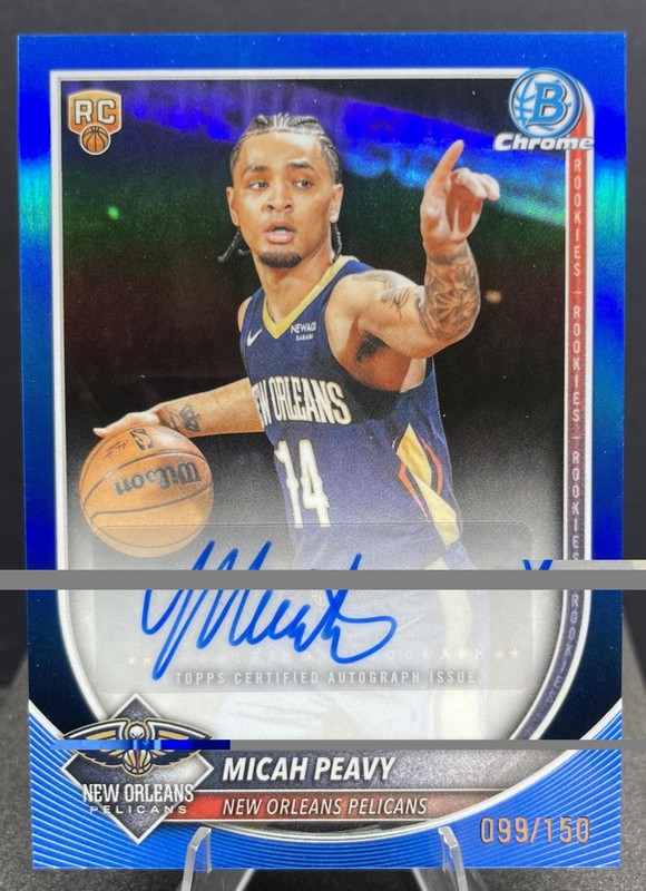 MICAH PEAVY 2025-26 BOWMAN CHROME TRUE BLUE ROOKIE AUTO 99/150 #BCA-MP Pelicans