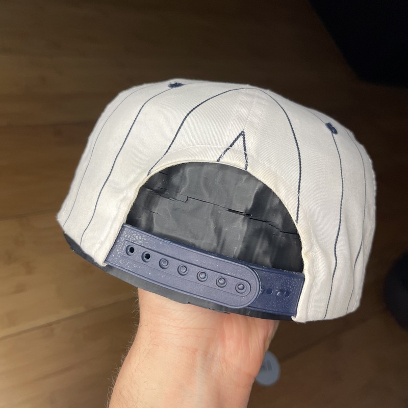 Vintage American Needle New York Yankees Pinstripe White Navy 90s Snapback Hat gallery