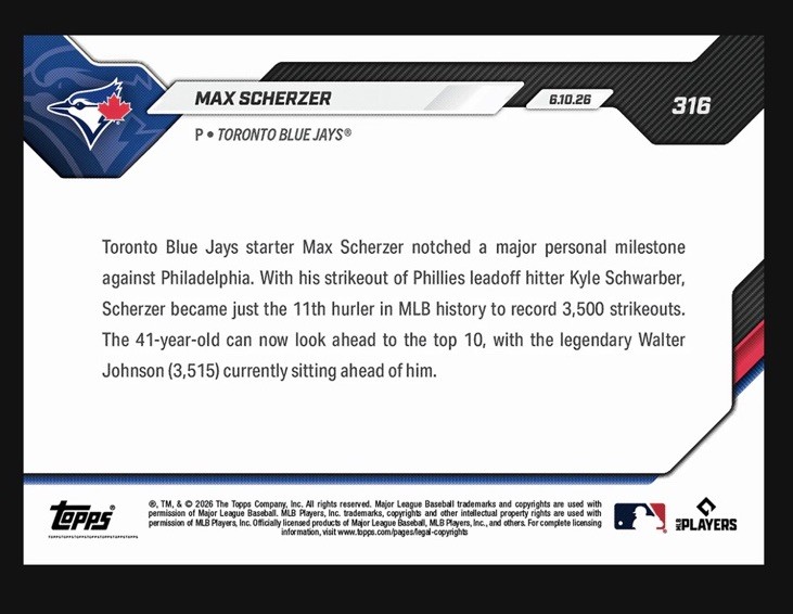 Max Scherzer 2026 Topps #316 NOW 11th Pitcher History To Reach 3500 Ks Presale🔥 gallery