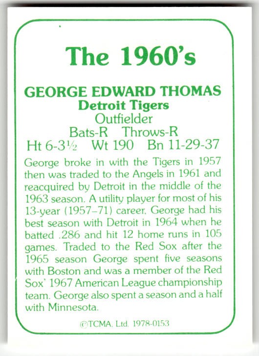 1978 TCMA The 1960's I George Thomas #0153 Detroit Tigers gallery