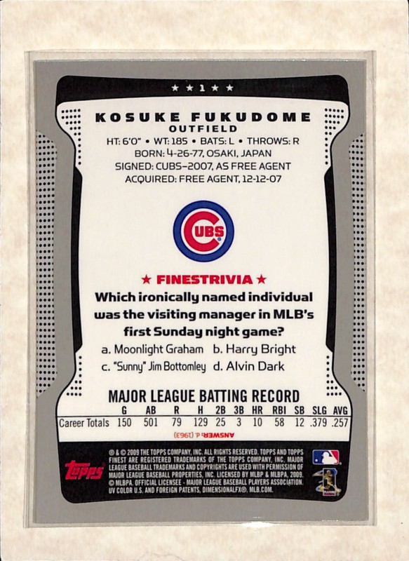 2009 Topps Finest #1 Kosuke Fukudome Refractor NM gallery