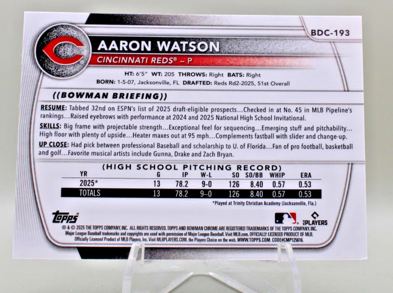 2025 Bowman Draft Chrome - #BD-193 Aaron Watson Mojo Refractor Reds gallery