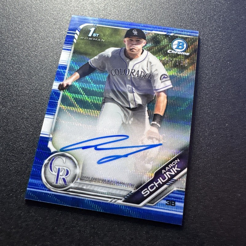 2019 Bowman Draft Aaron Schunk #CDA-AS Blue Wave 1st Chrome Auto /150 ROCKIES gallery