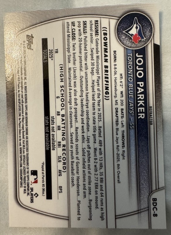 2025 1st Bowman Chrome Refractor Jojo Parker #BDC-8 Blue Jays gallery