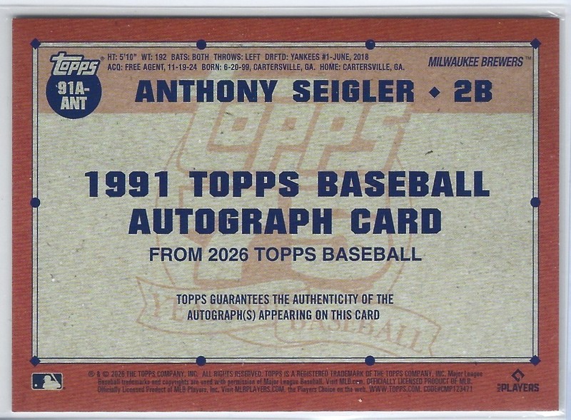 2026 Topps Series 1 - Anthony Seigler 1991 Throwback (RC,AU) No. 91A-ANT Brewers gallery