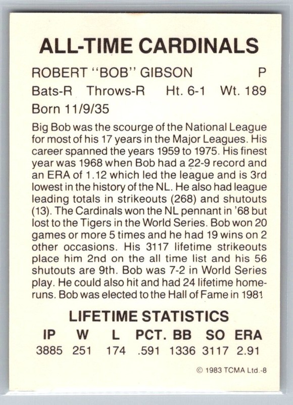 1983 TCMA All-Time St. Louis Cardinals Black Letters #8 Robert "Bob" Gibson gallery