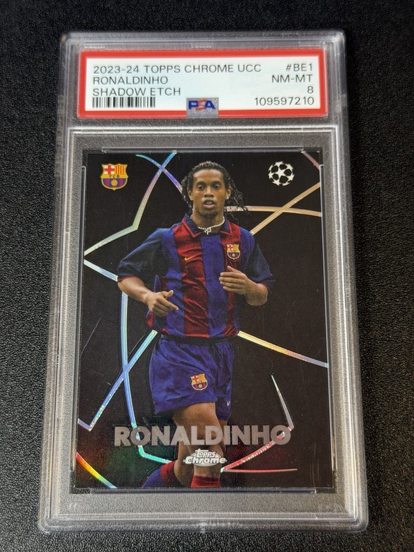 2023-24 TOPPS CHROME UEFA CLUB COMPETITIONS SHADOW ETCH #BE1 RONALDINHO PSA 8