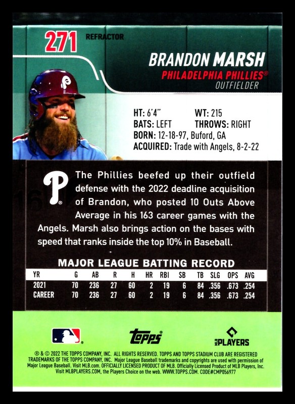 2022 Stadium Club Chrome Refractors #271 Brandon Marsh RC gallery