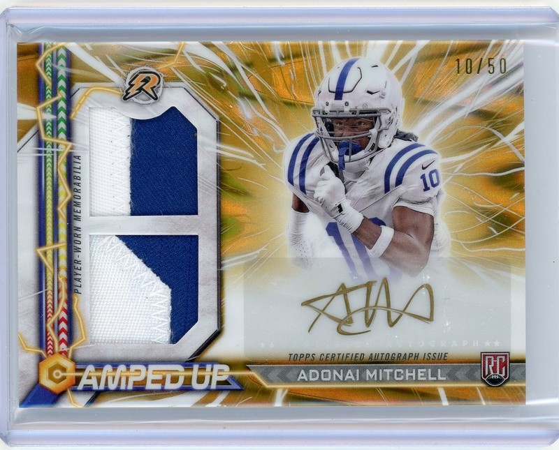 2025 Topps Resurgence Adonai Mitchell #AU-AM Amped Up RC Gold Auto / Mem. 10/50