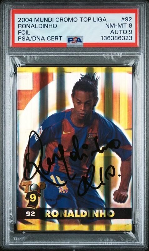 2004 MUNDI CROMO TOP LIGA FOIL #92 RONALDINHO PSA 8 AUTO 9