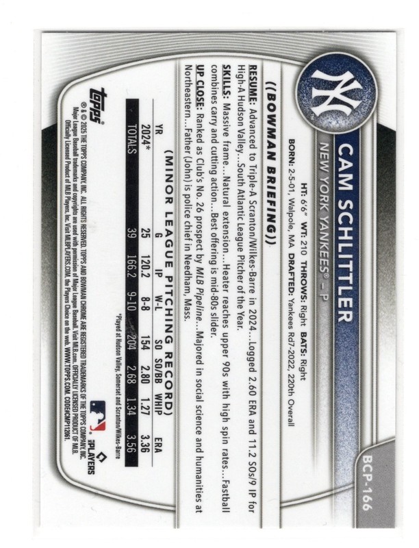 Cam Schittler 2025 Bowman Chrome 1st Bowman Prospect Yankees Rookie RC gallery
