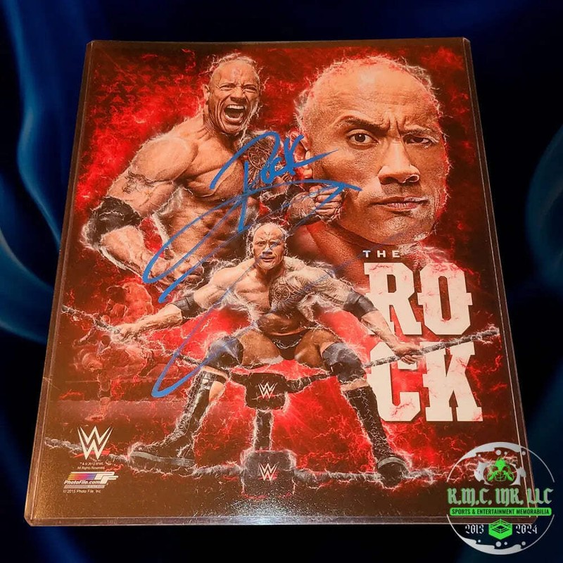 *WWE THE ROCK SIGNED AUTOGRAPHED 8X10 ROCK PHOTOFILE COLLAGE BLUE INK #ROCK1*