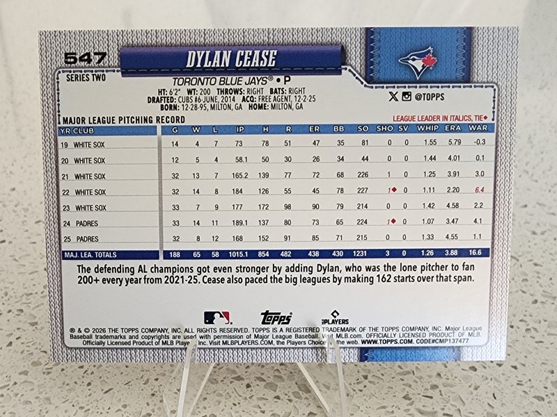 2026 Topps Series 2 Dylan Cease Holofoil Blue Jays gallery