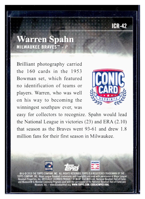 2019 Topps Iconic Card Reprints Warren Spahn #ICR-42 SP Insert Parallel Braves gallery