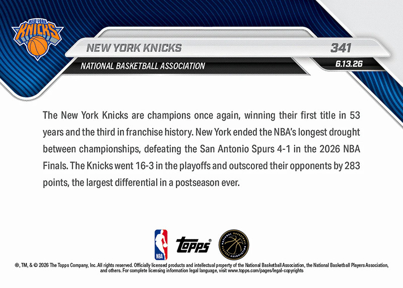 New York Knicks Wins 2026 NBA Championship 2025-26 NBA Topps NOW PRESALE #341 gallery