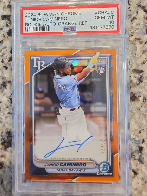 2024 Bowman Chrome – ROOKIE AUTO Junior Caminero Orange Refractor /25 – PSA 10 !