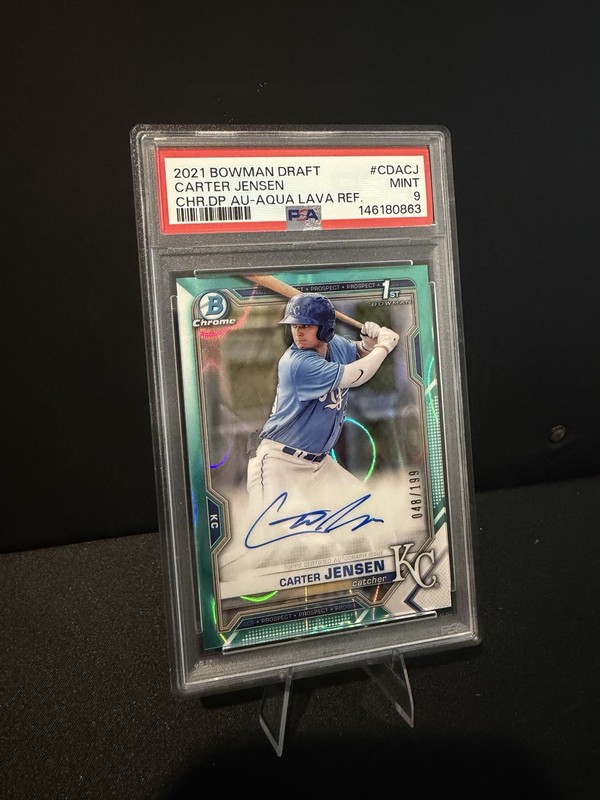 Topps 2021 Bowman Draft Carter Jensen Aqua Lava Refractor Auto PSA 9 /199 Royals gallery