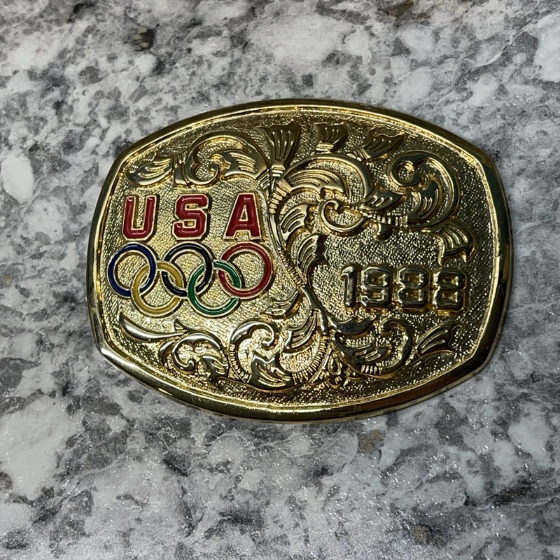 Vintage 1988 Olympic Gold Toned Belt Buckle Made in USA Enameled 3.25″ x 2.5″