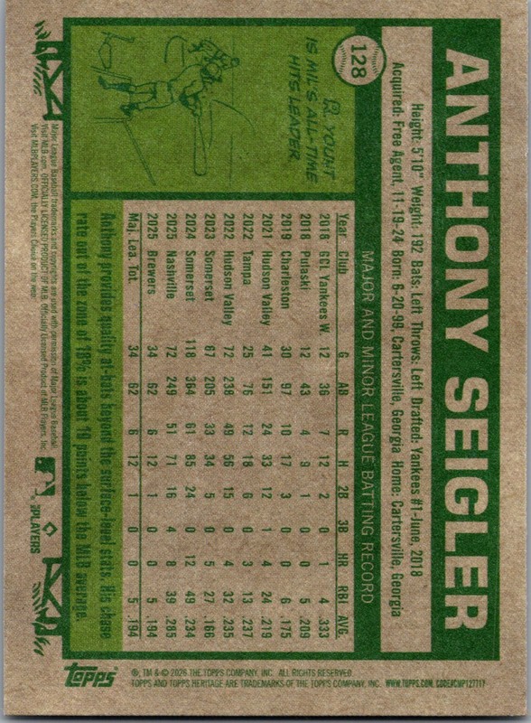 2026 Topps Heritage - Anthony Seigler #128 Dark Green Border (RC) gallery